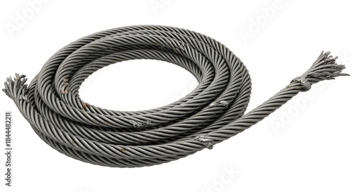 Coiled steel wire rope with a frayed end, showcasing rugged industrial strength and wear.