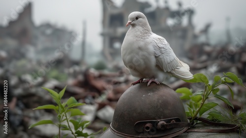 Fototapeta Naklejka Na Ścianę i Meble -  A white dove sits on top of a helmet