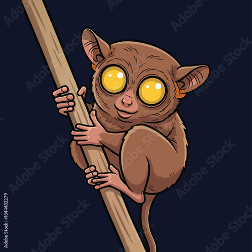 Cute cartoon tarsier monkey clinging to a branch.