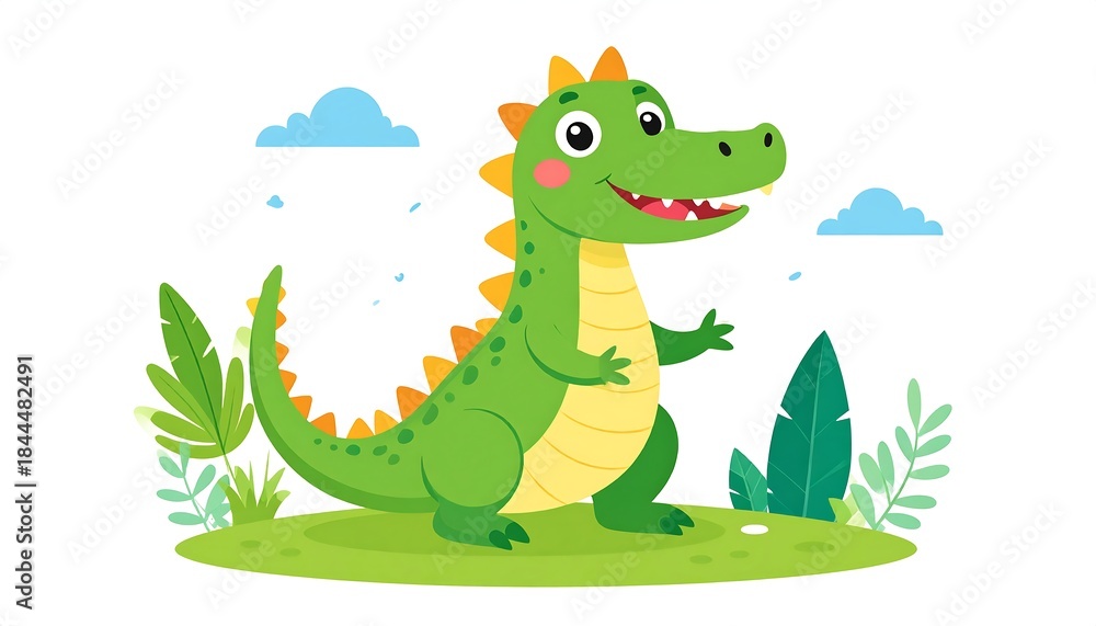 Fototapeta premium Cute green cartoon dinosaur smiling in a grassy field with blue clouds, leaves, and plants against a white background