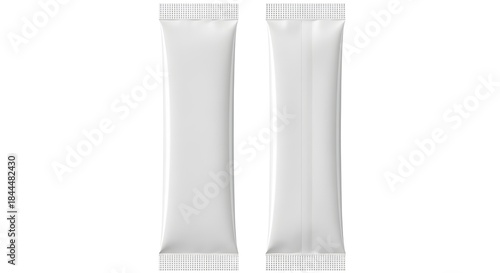 Two plain white vertical sachets, sealed at both ends, ideal for single-use packaging.