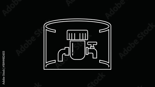 Water meter and valve inside a cylindrical tank line art illustration.