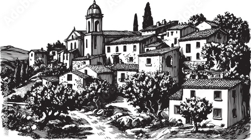 A village landscape illustration featuring houses and trees. Black and white sketch detailing rural architecture in a scenic backdrop, created in vector style.