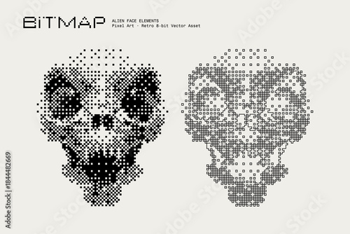 Abstract Alien Head Vector Illustration, Cute Alien Face Large Eyes, Bitmap Dithering, Eerie Sci-fi Horror Aesthetic, Retro Analog, Pixel Art Texture, Monochrome Visual Elements
