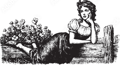 Girl in stylish engraving pose among flowers. This vintage vector illustration captures a thoughtful scene with detailed features.