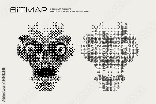 Abstract Alien Head Vector Illustration, Cute Alien Face Large Eyes, Bitmap Dithering, Eerie Sci-fi Horror Aesthetic, Retro Analog, Pixel Art Texture, Monochrome Visual Elements