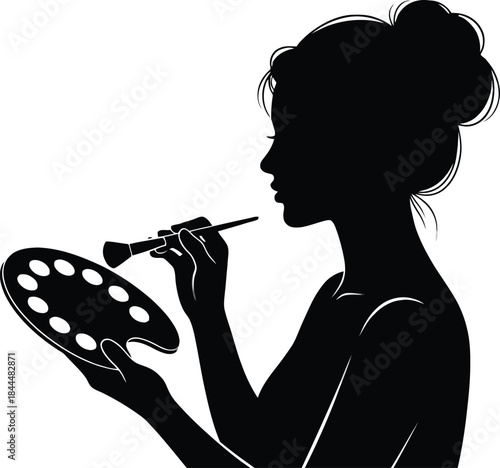 Silhouette of a woman artist holding a palette and brush creative female painter vector illustration.