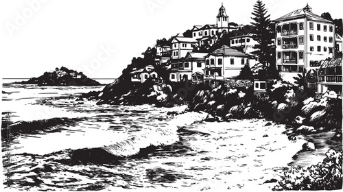 Coastline with houses and rock formations. Black and white vector illustration depicting a tranquil seaside landscape with waves and cliffs.