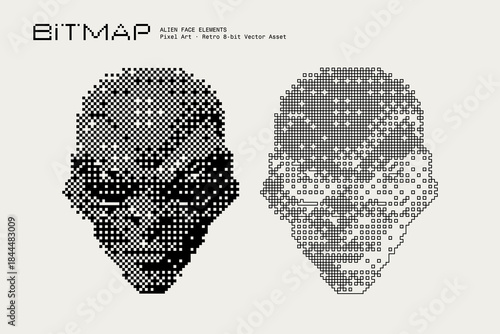Abstract Alien Head Vector Illustration, Cute Alien Face Large Eyes, Bitmap Dithering, Eerie Sci-fi Horror Aesthetic, Retro Analog, Pixel Art Texture, Monochrome Visual Elements