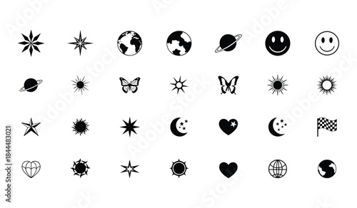 Collection of black and white vector icons including celestial bodies, nature elements, and symbols on a white background