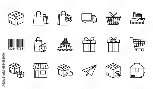 Shipping and E-commerce Icons Including Delivery Truck and Shopping Cart cardboard box shopping bag
