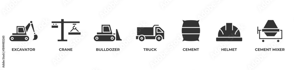 Fototapeta premium Building with Power Icons set vector illustration glyph with Excavator, Crane, Bulldozer, Truck, Cement, Helmet, Cement mixer