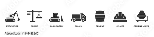 Building with Power Icons set vector illustration glyph with Excavator, Crane, Bulldozer, Truck, Cement, Helmet, Cement mixer