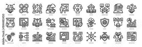 Governance Management icon collection line style. containing Digital Diplomacy, Audit Process, Global Connection, Cloud Archive, Data Presentation, Team Network, Data Center, Government Network