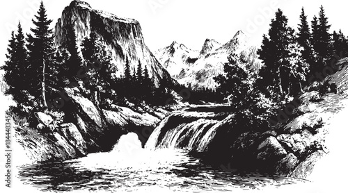 Vintage black and white engraving of a frozen waterfall in a mountainous landscape. This detailed vector illustration showcases nature's beauty with trees and rocks.