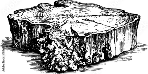 Engraving of a wood crosscut showcasing tree rings. Detailed vector illustration in a vintage style for nature-themed artwork set.