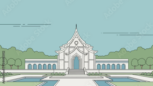 Stylized white temple entrance with colonnade and steps in a serene plaza.