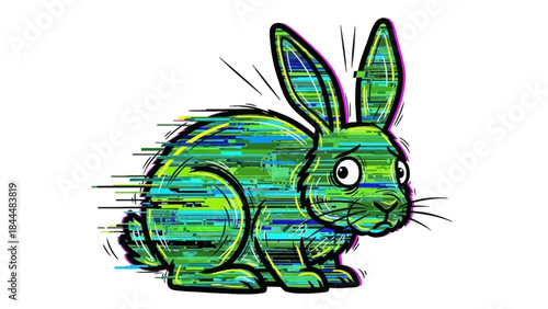 Bright blue and green cartoon rabbit with large ears and playful pose illustration.