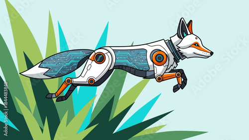 Playful robotic dog leaps through stylized reeds under a sunny sky.