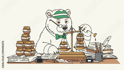 Whimsical bears baking and stacking pastries in a cozy bakery scene.