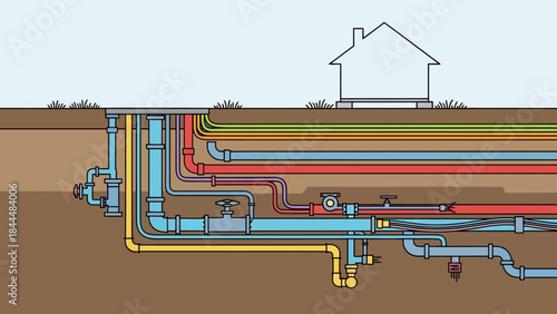 Cross-section of a complex underground utility piping network with colorful pipes and valves.