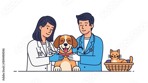 Two veterinarians with a dog and a cat receive friendly examination at the clinic in a cheerful illustration.