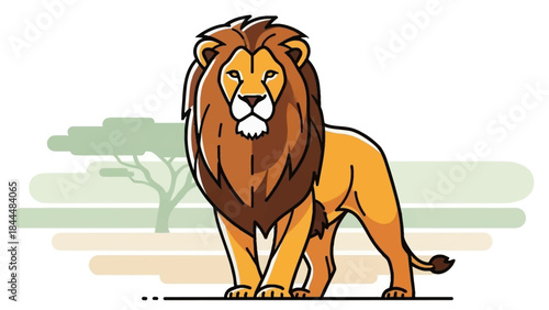 Cartoon Lion Standing on a Sparse Savannah with Soft Reeds and Distant Trees.