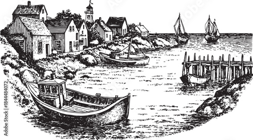 Vintage black and white vector illustration of a scenic waterfront with boats and houses. This detailed artwork captures a tranquil coastal landscape.