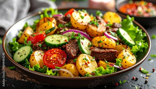 Colorful salad in dark bowl with meat, potatoes, tomatoes, cucumber, lettuce, and sliced onions on dark background