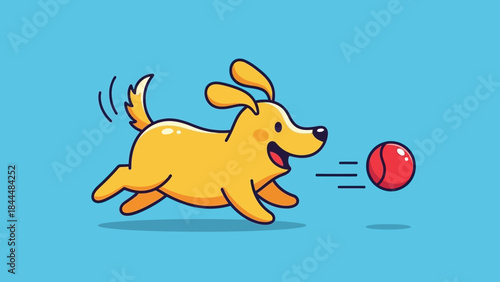 Playful Cartoon Dog Chasing a Red Ball Across a Blue Background.