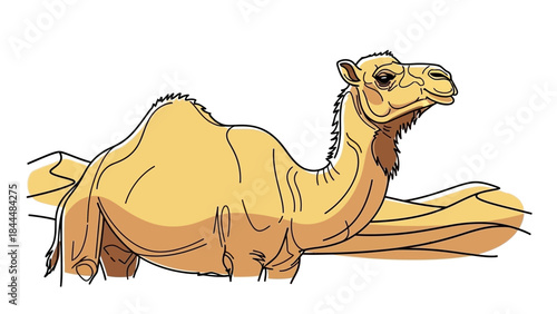 Playful cartoon camel resting in a sunlit desert landscape with gentle dunes and warm colors.