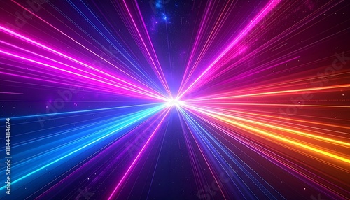 Colorful streaks of blue, pink, and orange light converge in a vibrant radial pattern against a dark backdrop