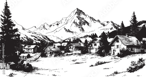 Mountain village landscape in black and white sketch style. Scenic vector illustration showing houses amidst trees and hills in a rural setting.