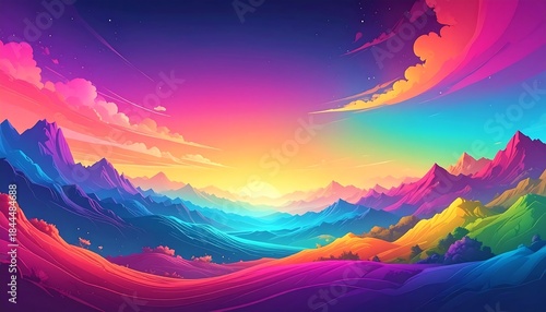 Colorful stylized landscape features rolling hills and mountains beneath a vibrant sunset sky