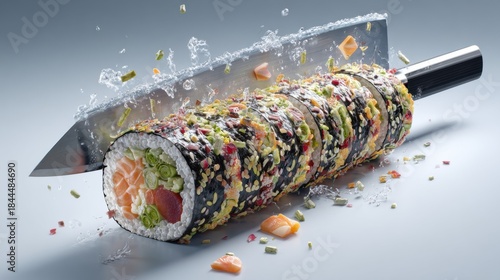 A Vibrant Sushi Roll with Colorful Toppings and a Sharp Knife Surrounded by Water Splashes on a Gray Background