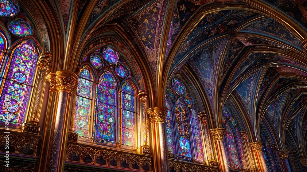 Fototapeta premium Gothic Cathedral Interior with Colorful Stained Glass Windows