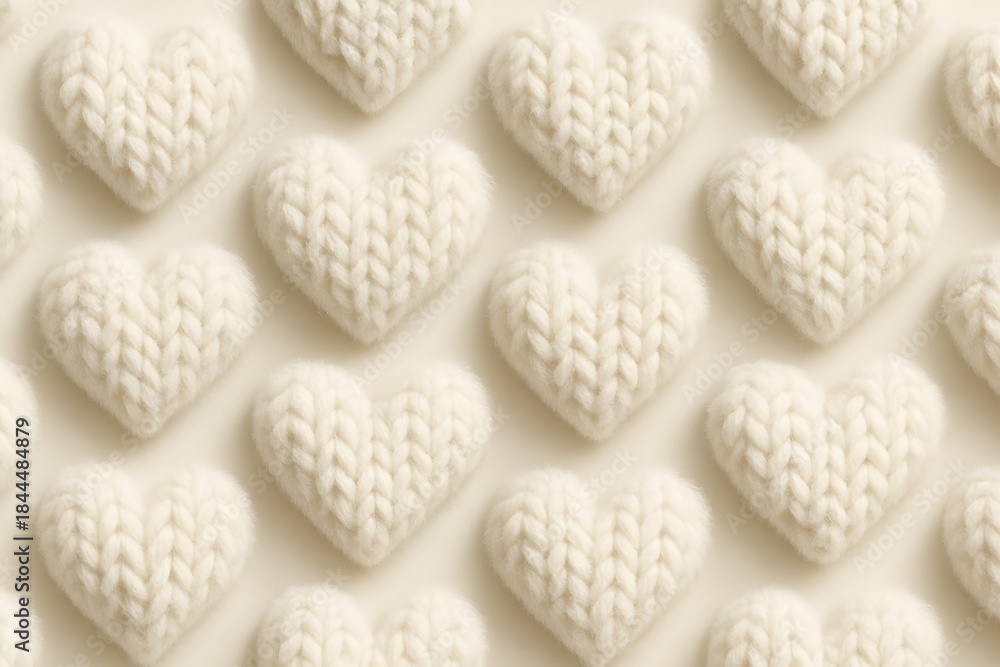 Obraz premium White and Beige: Pattern of Fluffy Fur Hearts.