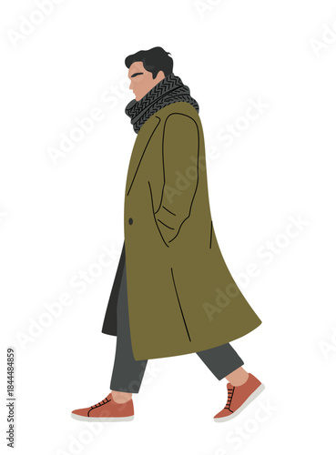 Man walking in profile wearing an olive coat and scarf. Clean flat vector illustration isolated on transparent background.