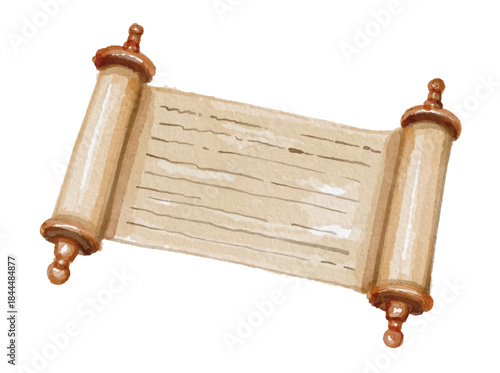 Watercolor ancient scroll with wooden handles isolated on white background