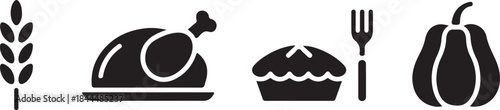 Thanksgiving harvest dinner celebration food icons collection featuring pumpkin wheat turkey pie and fork glyphs