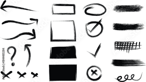A collection of black ink icons and symbols on a white background