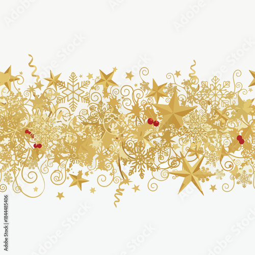 Ilustración navideña con un elegante marco de copos de nieve y estrellas doradas que rodean la imagen. El fondo presenta una acuarela degradada en tonos azul profundo y dorado cálido.
