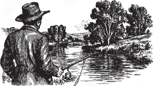 Elderly man fishing by a quiet river. Black and white vector illustration of a serene outdoor scene with trees and water.