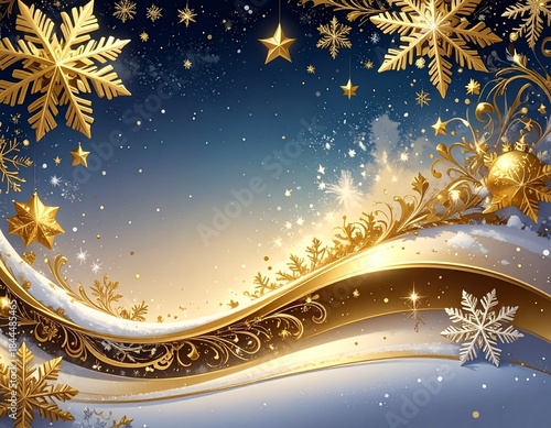 Ilustración navideña con un elegante marco de copos de nieve y estrellas doradas que rodean la imagen. El fondo presenta una acuarela degradada en tonos azul profundo y dorado cálido.