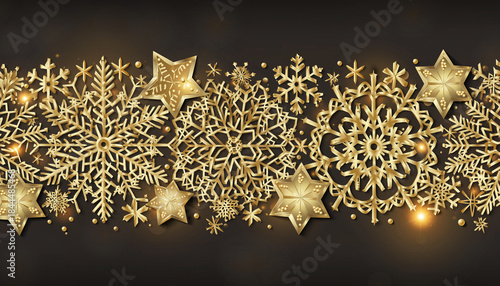 Ilustración navideña con un elegante marco de copos de nieve y estrellas doradas que rodean la imagen. El fondo presenta una acuarela degradada en tonos azul profundo y dorado cálido.