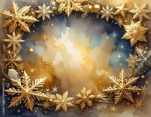 Ilustración navideña con un elegante marco de copos de nieve y estrellas doradas que rodean la imagen. El fondo presenta una acuarela degradada en tonos azul profundo y dorado cálido.