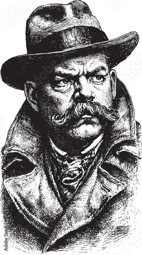 Vintage man portrait illustration with a detailed face and mustache, featuring a hat and coat. Black and white vector art showcasing classic style.