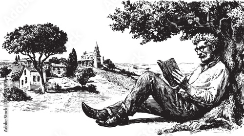 Man reading a book under a tree in a vintage landscape illustration. The black and white vector design captures a relaxed outdoor scene.