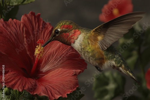 Hummingbird feeding on nectar from a bright red flower