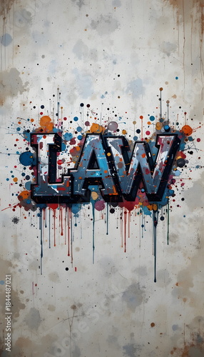 The word law depicted in bold graffiti-style typography on a textured wall background.